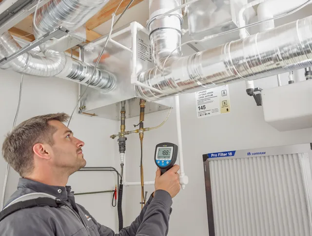 Hudson Air Duct Cleaning expert conducting detailed filter system inspection using diagnostic tools in Hudson